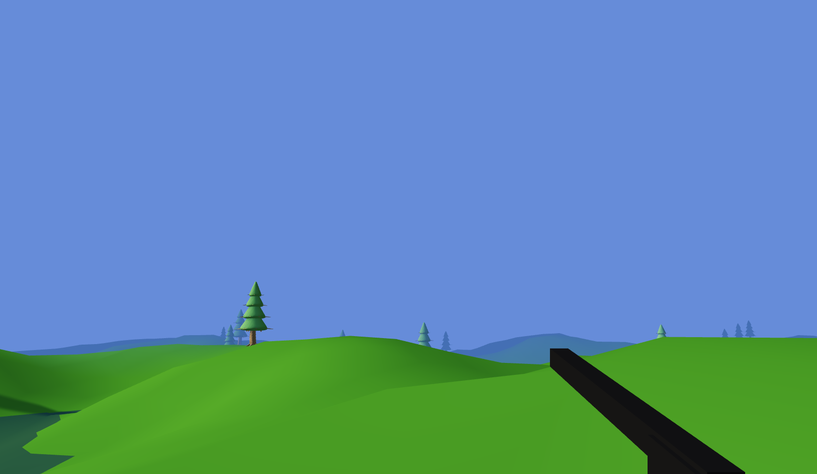 First-person view with weapon on green landscape